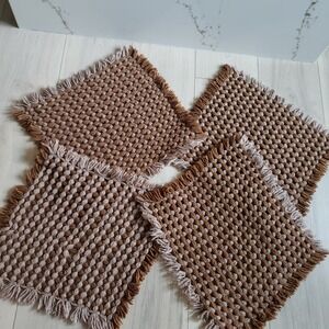 Vintage Woven Placemats Set of 4 Brown 15x16 Fringed Boho Mid Century Crochet